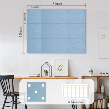 Large Cork Board for Office Wall Decor,48"x36"-12 Pack Felt Wall Tiles with 35 Push Pins, Thicker 0.47in, Felt Bulletin Board Pin Board Cork Boards for Walls - Light Blue