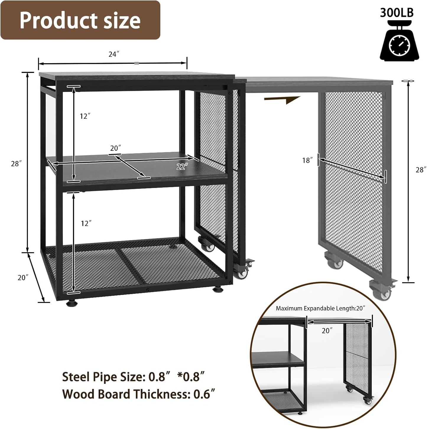 Natwind 24''x20''x29'' Large Printer Stand with Storage Shelves,Extendable Home Craft Table,Home Office Organization Desk, Versatile Table for Home Office, Kitchen, Study Room, Living Room (Black)