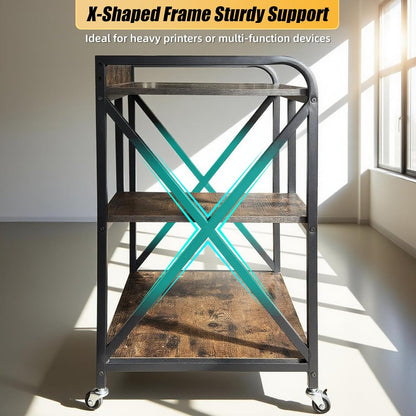 Large Printer Stand, X-shaped Printer Stand with Storage, 24"W x 17"D x 32"H, Mobile Printer Table with Wheels for Home Office, Rolling Cart for Computer Tower, Printer and Shredder, Bearing 300lbs