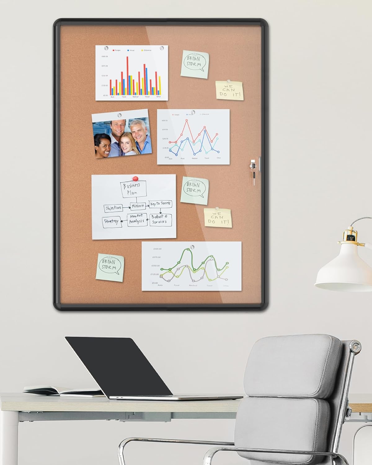 38"x28" Enclosed Bulletin Board, Lockable Weather-Resistant Aluminum Cork Noticeboard for School & Office, Black Frame w/Cork