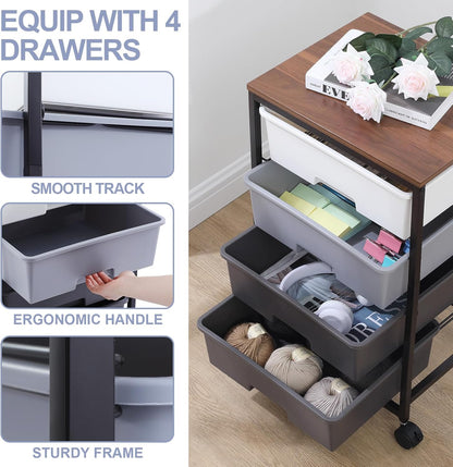 Utility Cart with 4 Drawers,Rolling Storage Cart with Drawers,Light Grey