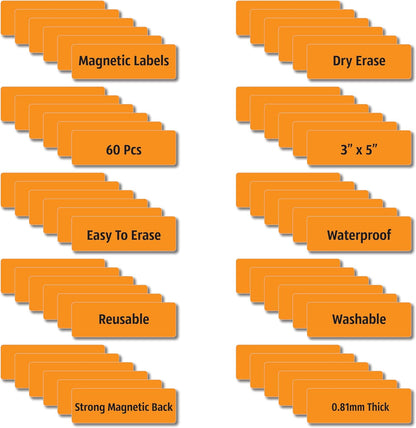 Magnetic Dry Erase Magnets Labels 3x1 inches, Reusable Name Tags, Organizing Schedules in Office/Classroom. Work on Fridge/White Board (Orange 60Pcs)