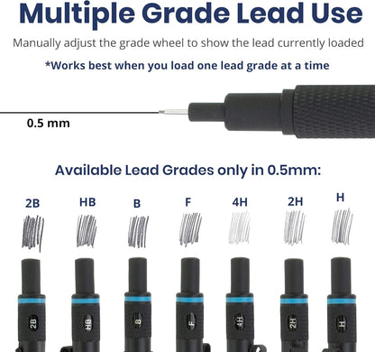 Pacific Arc Chromagraph Metal Mechanical Pencil .5 mm Black Barrel Mechanical Pencil with Built In Lead Pencil Grade Indicator, Lead Pencil Holder for Drafting, Sketching, and Drawing