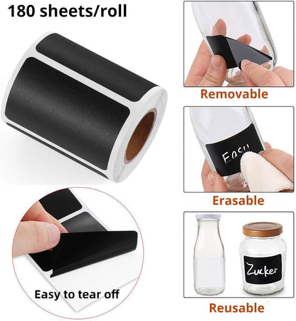 Chalkboard Labels 180 Pcs Waterproof Reusable Label for Food Containers Chalk Sticker Labels with 2 Liquid Chalk Markers for Mason Jars, Parties Decoration, Craft Rooms, Storage, Home, Kitchen