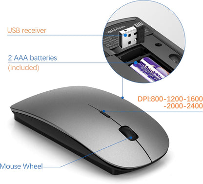 Wireless Keyboard and Mouse Ultra Slim Combo, TopMate 2.4G Silent Compact USB 2400DPI Mouse and Scissor Switch Keyboard Set with Cover, 2 AA and 2 AAA Batteries, for PC/Laptop/Windows/Mac - Gray Black