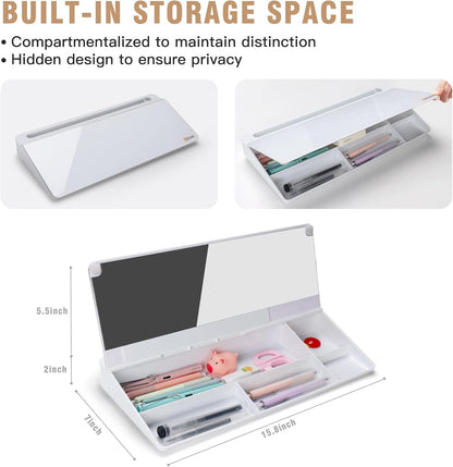 SELEAD Desktop Glass Whiteboard with Organizer & Built-in Mirror, Small Dry Erase White Board Computer Pad Keyboard Stand for Home, School, Office Desk Accessories - White