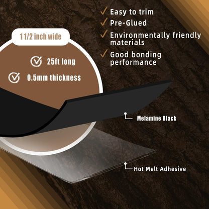 GSCIT Club Black Edge Banding, 1 1/2 Inch x 25ft Melamine With Hot Melt Adhesive Preglued Cabinet Flexible Black Veneer Edging