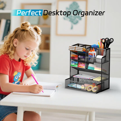 Mesh Pen Organizer for Desk, Multi-Functional Pencil Holder with Drawer Desk Organizers, Large Capacity Storage for School Office Home Supplies (Black)