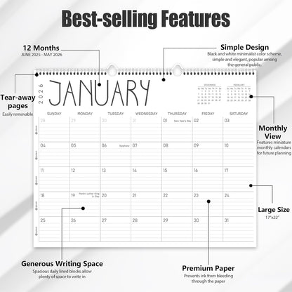 Guasslee Large Wall Calendar 2025-2026, 12 Monthly Calendar from 2025 June-May 2026 Jumbo 22"x17" Hanging Desk/Wall Planner with Spiral Bound for School Home Office Organizing