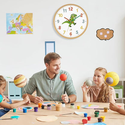 Dinosaur Wall Clock for Kids Bedrooms 12 Inch Silent Non-Ticking Battery Operated Analog Clocks Kids Wall Clock for Classrooms, Kids Bedrooms, Playrooms and Nursery for Toddler Children