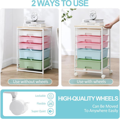 Utility Cart with 5 Drawers,Storage Drawer Cart with Wooden Tabletop and Lockable Wheels,Craft Storage Trolley Cart,5-Tier Rolling Utility Cart on Wheels,Rainbow