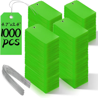1000 Pieces Plastic Shipping Tags with Wire Labeling Tags Waterproof Hang Tags with Reinforcement Hole Writable Luggage tag Loops for Equipment Inventory Parts Garage (Green, 4 3/4" x 2 3/8")