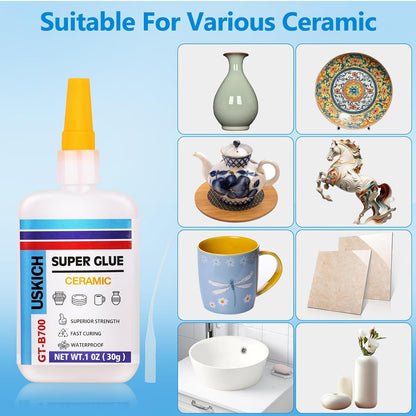 Super Glue for Porcelain and Pottery Repair with Anti Clog Cap. 6 x 1 fl oz,CA Glue - Clear Ceramic Repair Adhesivefor Dishes, Tiles, DIY Crafts, Quick Dry