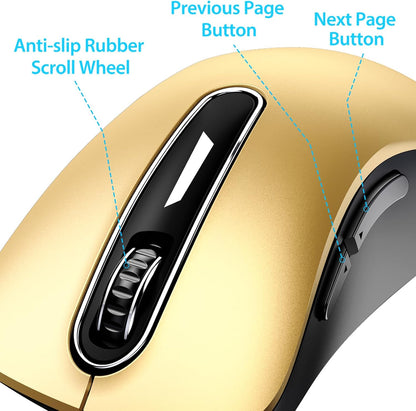memzuoix 2.4G Wireless Mouse, 1400 DPI Mobile Optical Cordless Mouse with USB Receiver, Portable Computer Mice Wireless Mice for Laptop, PC, Desktop, MacBook, 5 Buttons (Gold)