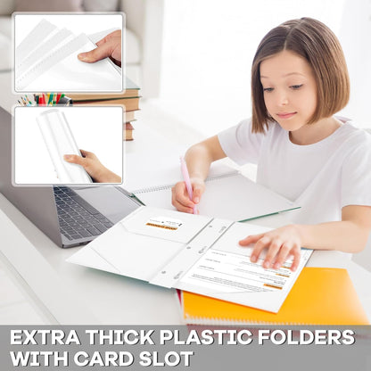 Henoyso 36 Pcs Plastic Folder with Clear Front Pocket and 3 Prong Plastic Folders with Card Slot Pocket Folders with Prongs for School Office (White)