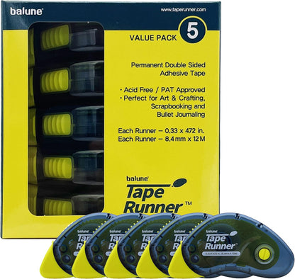 Tape Runner - Double Sided Adhesive with Dispenser Roller Included - Acid Free, Sticky, Clear & Transparent - Ideal for Scrapbooking, Crafts & More - Boomerang (417 inches per cartridge), 5 Cartridges