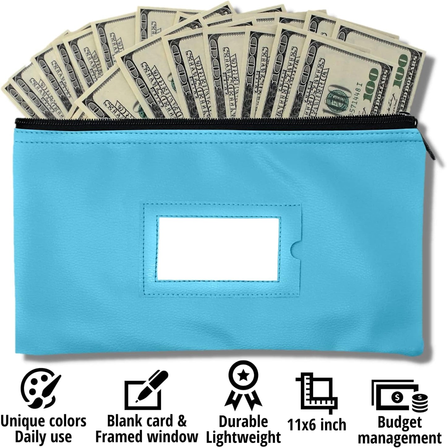Money Bank Deposit Bag with Zipper | 11x6 inch | Light Blue | Durable Leatherette Money Cash Coin Check Wallet Pouch for Men & Women with Framed ID Window and Blank Card | by GIDABRAND (5)