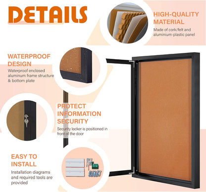 Enclosed Bulletin Board Outdoor Noticeboard with Locking Door, Weather-Resistant, Cork, Black Aluminum Frame, 36 x 24 in
