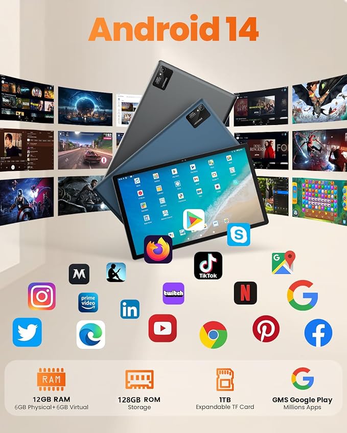15.6 Inch Pro Tablet Android 14 Large Tablets 2025 Helio G99 Octa-Core 12GB, 1TB Expandable, 12000mAh 30W Fast Charge (inch, 15.6, Silver, 128, GB)