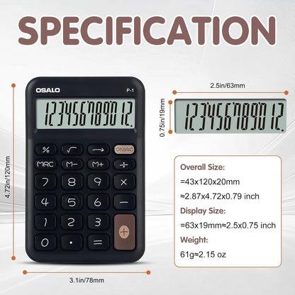 Pendancy Small Desk Calculator Cute, 12 Digit LCD Display, Basic Function, Auto-Sleep, 4.7"x2.9" Pocket-Sized Design Handheld Calculators Desktop, for Office, School, Business & Travel(OS-P1 Black)