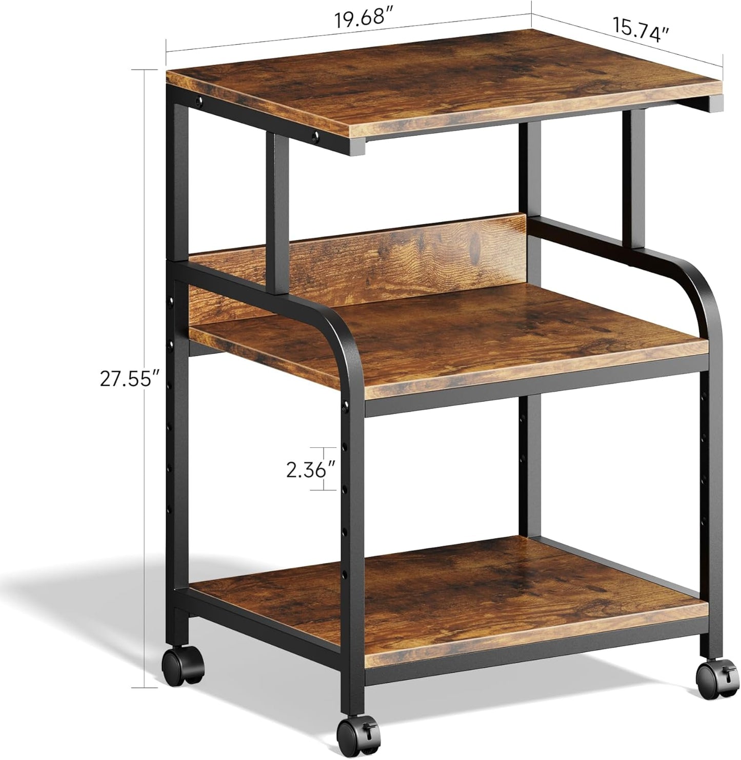 Printer Stand, 19.68×15.75×27.55 Printer Table with Adjustable Storage Shelf, 3 Tier Rolling Cart with Wheels, Space Saving Desk for Home Office, Mini Fridge & Heat Press Stand, Rustic Brown