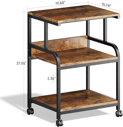 Printer Stand, 19.68×15.75×27.55 Printer Table with Adjustable Storage Shelf, 3 Tier Rolling Cart with Wheels, Space Saving Desk for Home Office, Mini Fridge & Heat Press Stand, Rustic Brown