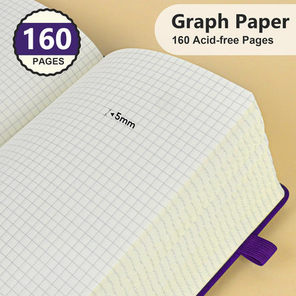 Graph Paper Notebook, 160 Pages Grid Journal for women & men, A5 Hardcover Leather Graphing Notebook for School, Work, Travel, Note Taking 5.9”x8.5” (Purple)