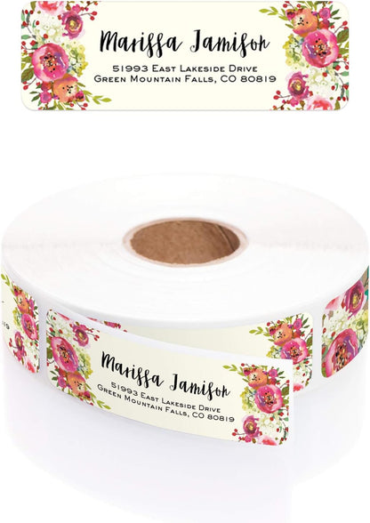 Vibrant Floral and Ivory Rolled Address Labels/Roll of 250 Personalized Address Labels/Designer Return Address Stickers in Elegant Plastic Dispenser