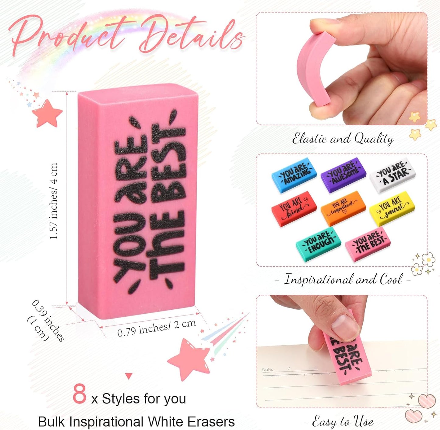 PerKoop 150 Pcs Inspirational Erasers Bulk Back to School Gifts Colorful Motivational Pencil Erasers for Kids First Day of School Favors for Students Teachers Classroom Office Supplies