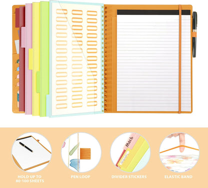 Clipboard with Storage for Men Women, Leather Padfolio Portfolio Organizer 5 Folders with 10 Pockets, Spiral Clipboard Folio with Notepad for Letter Size, Elastic Closure and Pen Loop Flowers