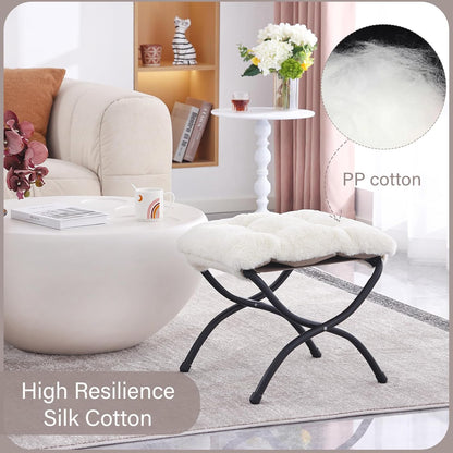 LITA Folding Upholstered Footrest Stool, Modern Small Portable Accent Ottoman with Detachable Thick Cotton Cushion Padded Sofa Stool with Metal Frame for Lazy Chair, Living Room & Bedroom, Plush Beige