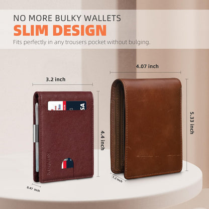 RUNBOX Slim Wallets for Men - Leather Money Clip Mens Wallet - RFID Blocking Front Pocket Bifold Wallet - Thin Credit Card Holder with Gift Box