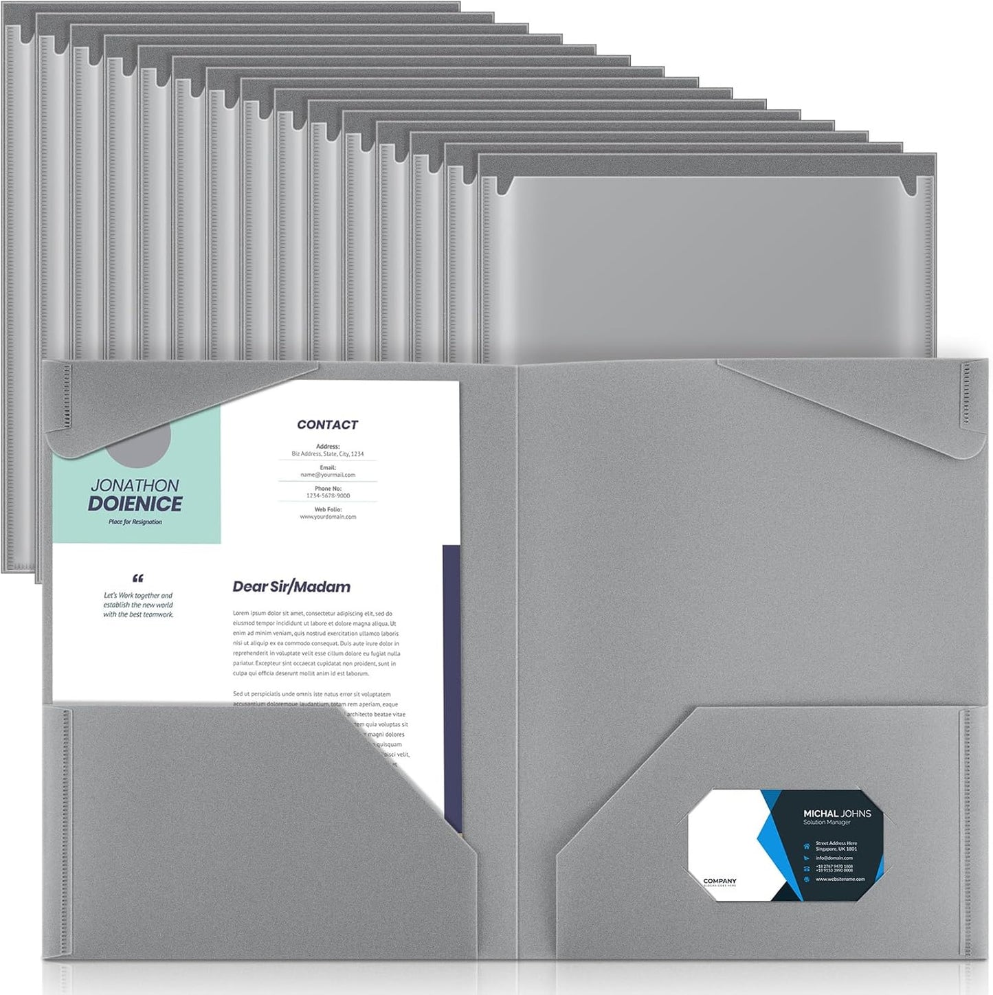 Henoyso 36 Pcs Plastic Folders with Clear Front Pockets Heavy Duty File Folders with 2 Pockets and Card Slot for Student Communication School Office Presentation Report (Dark Gray)