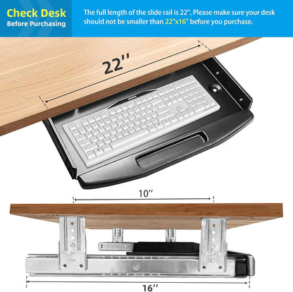 Solid Steel Under Desk Keyboard Tray Slide Out with 360° Rotating Mouse Platform,Keyboard Shelf Sliding,Under Desk Mounted Keyboard Holder,Under Desk Keyboard Drawer 28"Lx10"W