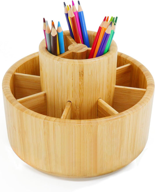 Utoplike Bamboo Rotating Art Supply Desk Organizer, Pencil Holder Organizer, Desktop Storage Caddy for Pen, Colored Pencil, Crayon, Paint Brushes, Art Studio&Office