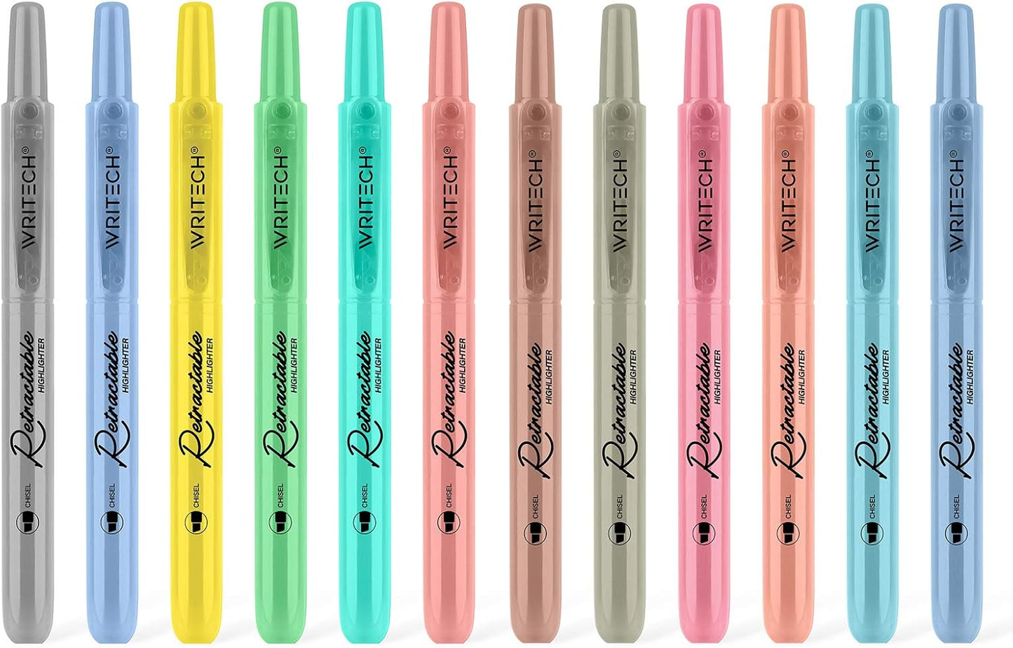 WRITECH Retractable Highlighters Assorted Colors: Chisel Tip Click Aesthetic Highlighter Marker Pens Pack Multi Colored Ink No Bleed Smear for Highlighting Journaling (12ct Mild+Vintage)
