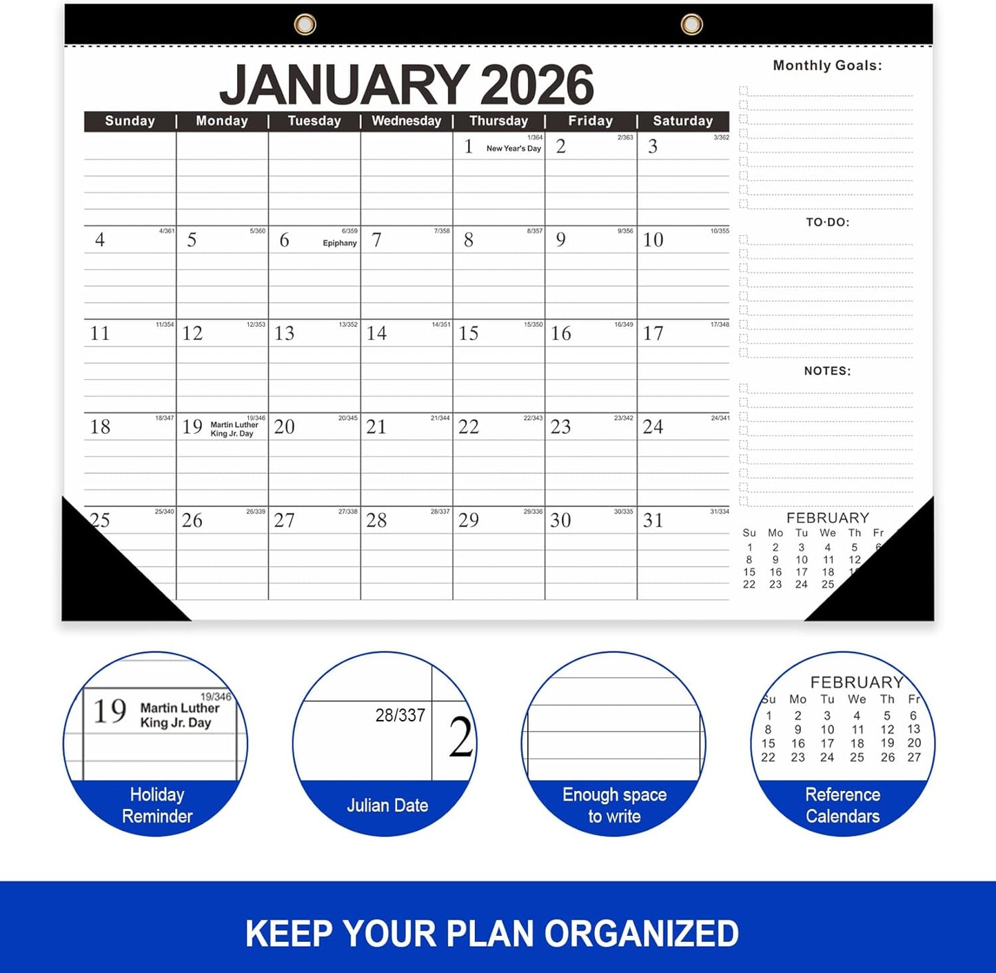 Comix 2026 Desk Calendar 12x17 Inch - 12 Month Desk Calendar, January 2026 to December 2026, Thick Paper, Ideal for School, Office & Home, Black and White