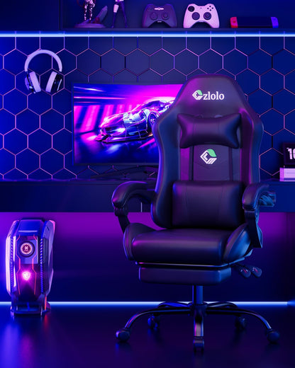 Gaming Chair, Ergonomic Office Computer Chair with Footrest and Lumbar Support Massager Racing Style High Back Video Gamer Chair, Wide＆Thick Cushion, 90°-135° Recline, Adjustable Height, Black