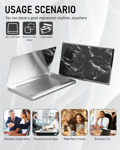 Business Card Metal Slim Organizer, Professional Stainless Steel Square Pocket Wallet for Office Workers, Compact and Portable for Pockets (Black Marble