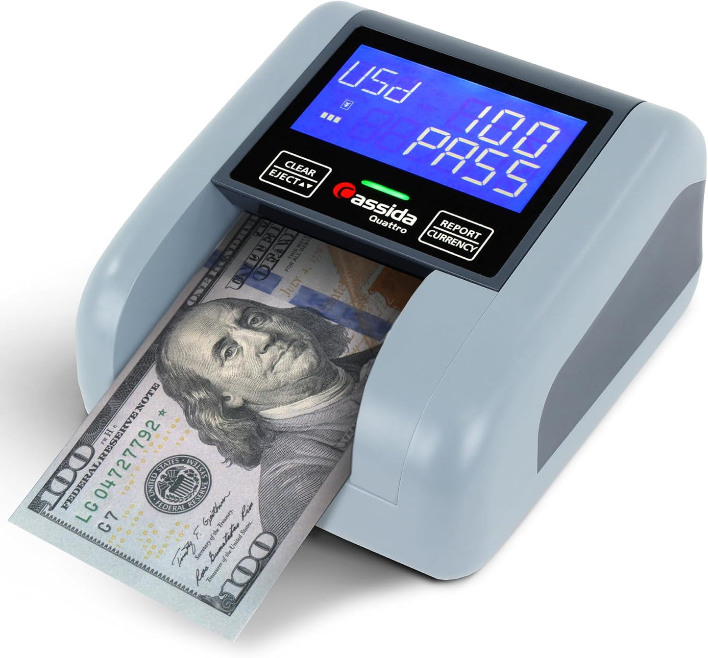 Cassida Quattro Fast Automatic Currency Counterfeit Detector with Advanced Sensors (UV,MG,IR,MT,Thickness,Size) - All-Orientation Feeding - Rechargeable Battery - 3.5" Value & Pass/Fail Display