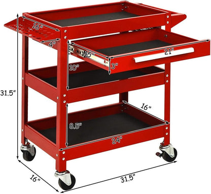 ERGOMASTER Metal Service Utility Cart with Wheels - 500LBS Tool Cart Heavy Duty Rolling 3-Tier Storage Organizer, for Garage Industrial Cart (Red)