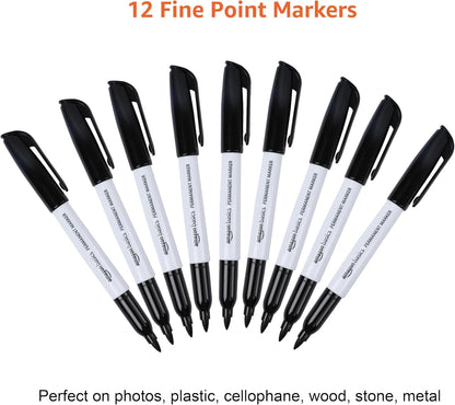 Amazon Basics Fine Tip Point Permanent Markers for Office, School, and Home Use, Black, 12 Pack