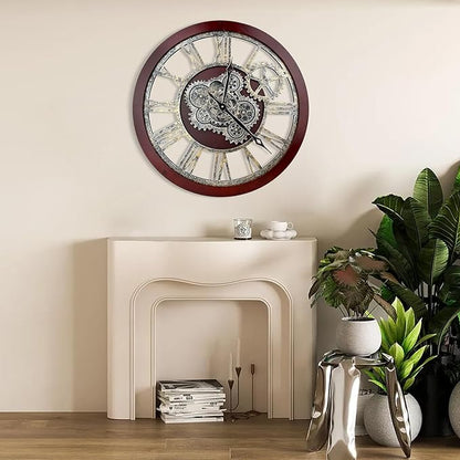 HOIBAI Large Wall Clock, 18 Inch Wall Clocks for Living Room Decor Farmhouse Vintage Rustic Kitchen Wall Decor Vintage Roman Big Oversized Wall Clock for Home Bedroom House Office, Moving Gears Clock
