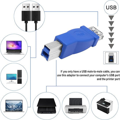 MEIRIYFA USB A to USB 3.0 B Printer Adapter, USB 3.0 Type-B to USB3.0 Type-A Female Adapter Converter 5Gbps for Printer, Scanner, External Hard Drive, Laptops - Blue, 2PCS (USB-B Male)