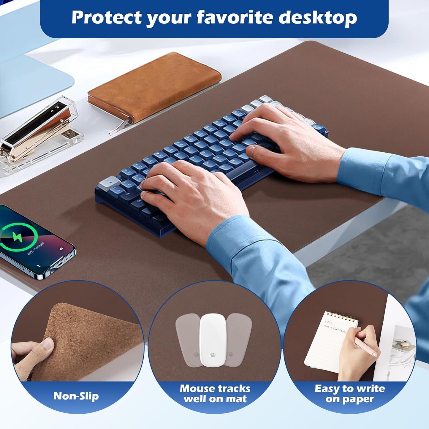 Wireless Charging Desk Mat with Desk Pad for Desktop Charging Large Mouse Pad Waterproof Leather Computer Mat Mouse Pad Non-Slip Protector on Top of Desks for Keyboard and Mouse (brown-l, 32*16inch)