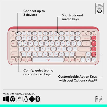 Logitech POP ICON Keys Wireless Bluetooth Keyboard, Comfortable Typing, Programmable Keys, Easy-Switch Between up to 3 Devices, for Laptop, Tablet, PC – Rose and Off-White