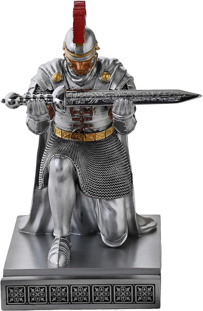 Roman Praetorian Prefect Warrior Knight Pen Holder Desk Ornament Resin Praetorian Guard Mobile Phone Stand Desk Accessories and Organizer For Office with a Letter Opener (Silver)