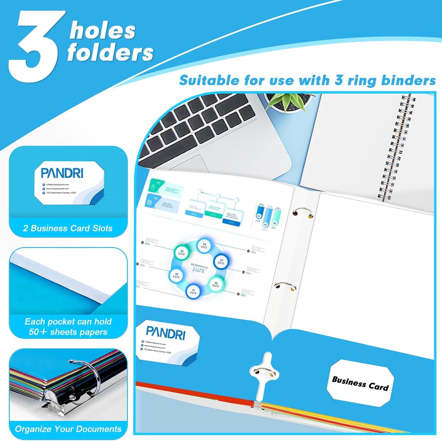 Two Pocket Portfolio Folders, PANDRI 60 Pack 3 Hole Punched 2 Pocket Folders for 3-Ring Binder, Letter Size Paper File Folder for School Office Home Business, Assorted 6 Colors