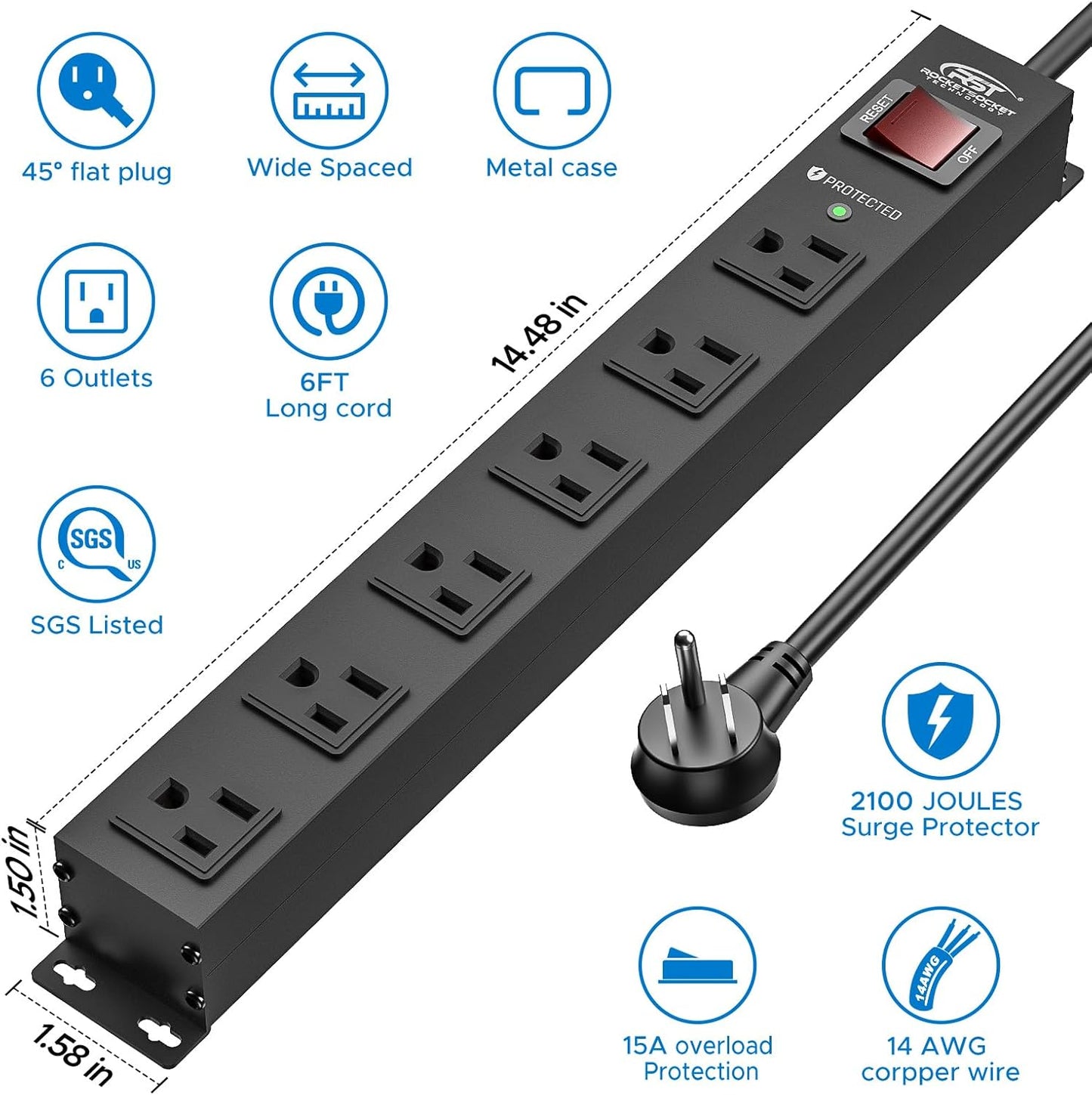 CRST 6 Outlet Heavy Duty Power Strip with Switch, 15A/1875W Metal Mountable Power Strip Surge Protector 2100Joules, Wide Spaced Power Bar for Garage Worshop Home School, 6 FT Cord