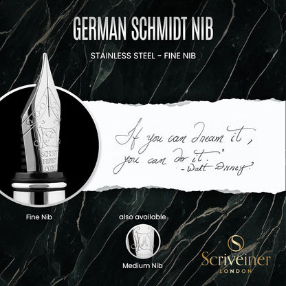 Scriveiner Black Green Fountain Pen - Stunning Luxury Pen with Chrome Finish, Schmidt Nib (Fine), Best Pen Gift Set for Men & Women, Professional, Executive, Office, Nice Pens